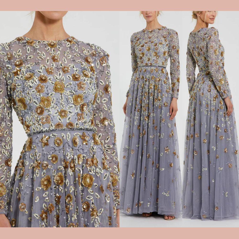 NWT Mac Duggal [ 12 ] 5533 Embellished High Neck Long Sleeve A Line‎ Gown Grey